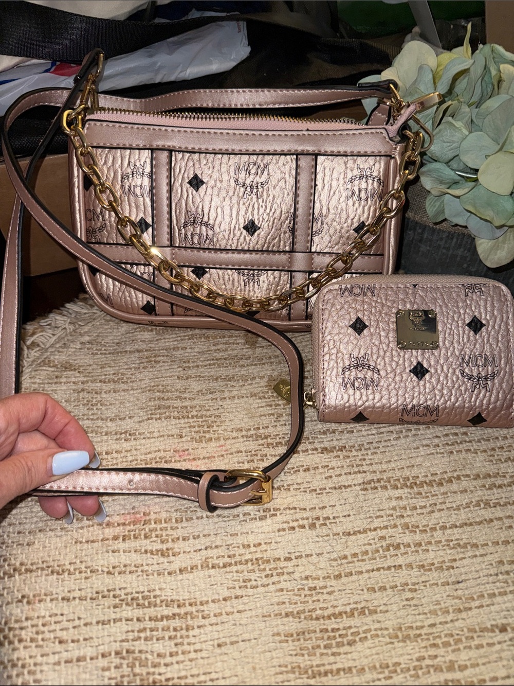 MCM Metallic Rose Visetos Crossbody with Wallet